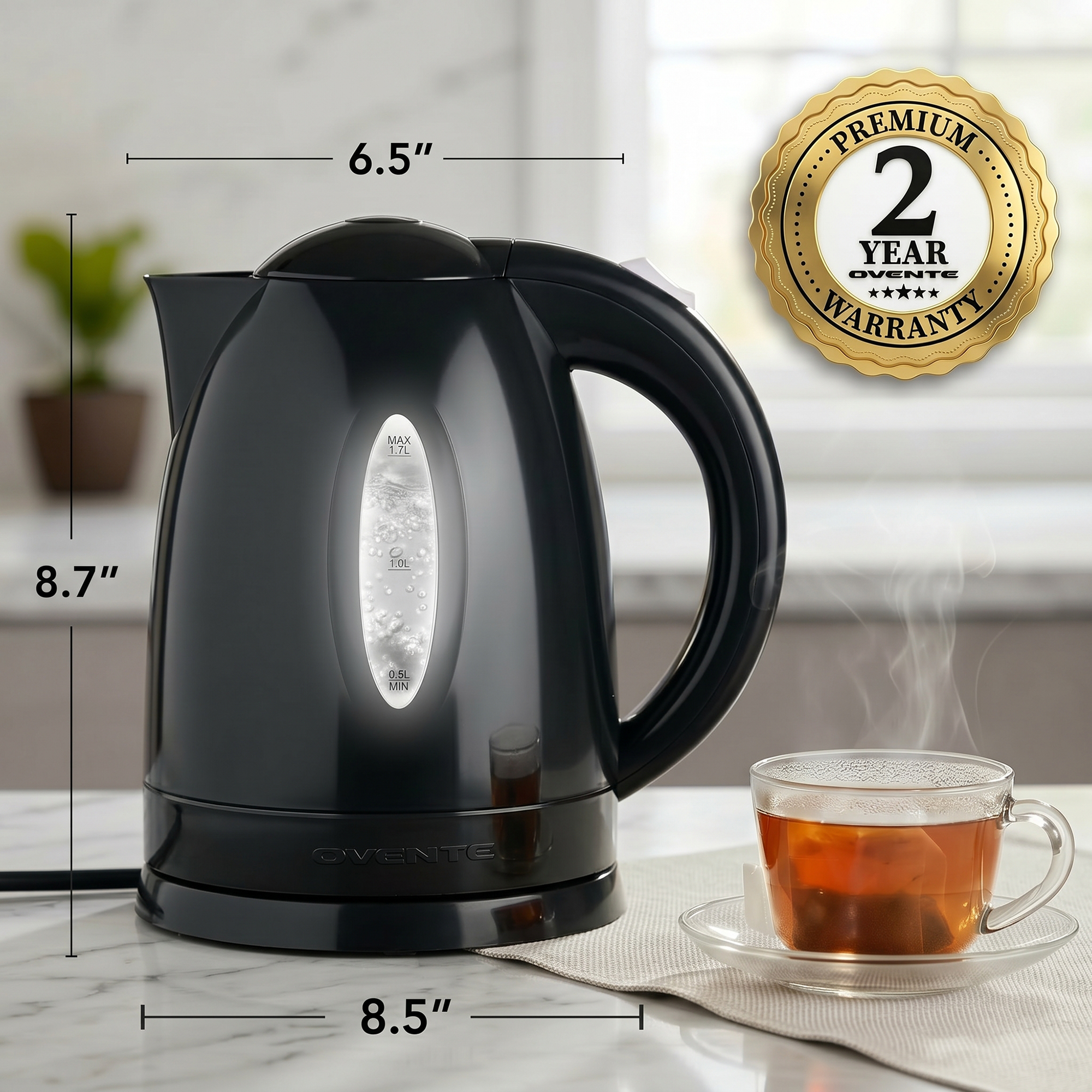 Ovente 1.7L Electric Kettle, 1100W Fast Boiling, Black photo 8