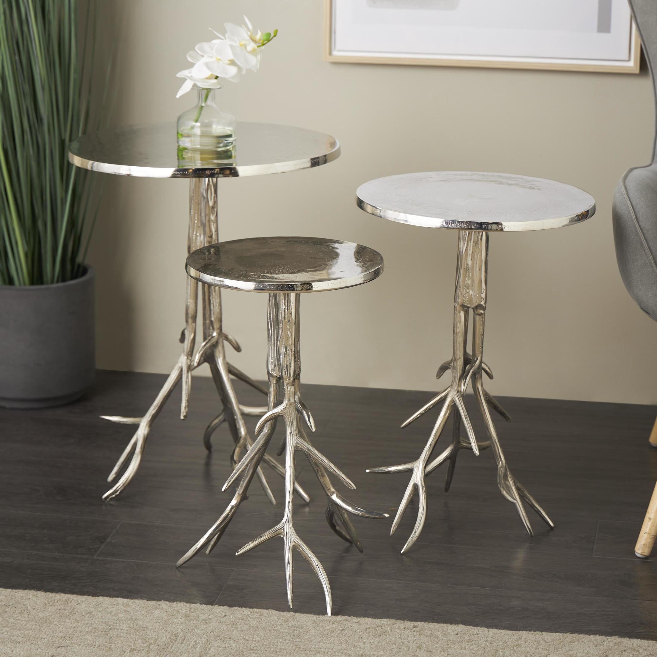 DecMode 18" x 24" Silver Aluminum Metal Accent Table with Textured Tree Branch Legs, 3-Pieces