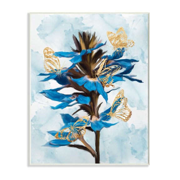 Stupell Industries Blue Tropical Floral Blooming Gold Butterfly Outlines Wall Plaque, 13 x 19, Design by Ziwei Li