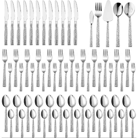 65-Piece Silverware Set with Serving Pieces, Stainless Steel Hammered Flatware Eating Utensils Service for 12, Modern Tableware Cutlery Set with Square Edge, Mirror Polished, Dishwasher Safe
