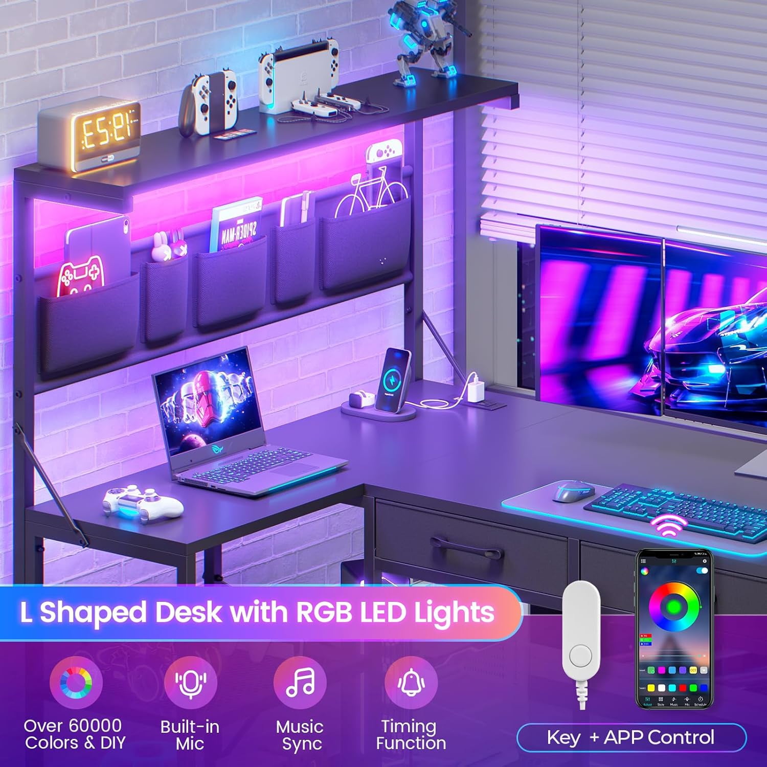L Shaped Desk with 5 Fabric Drawers and Hutch, 47.2" Reversible Computer Desk with LED Lights for Home Office