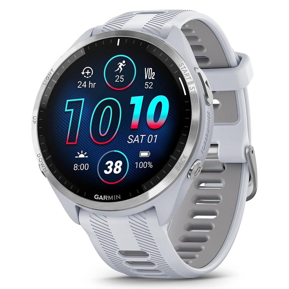 Garmin 010-02809-01 Forerunner 965 Running Smartwatch Whitestone and Powder Gray Bundle with Deco Essentials Charging Dock, Silicone Dust Cover 3 Pack and 1.4 Inch Screen Protector