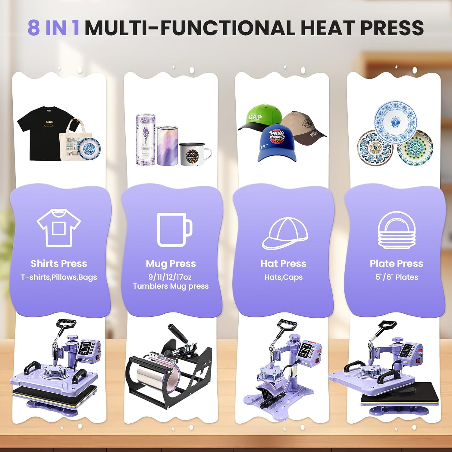 Adnoom 8 in 1 Heat Press Machine Combo, 15"x12" Sublimation Heat Transfer, 360°Swing Away, Digital shirt Press Machine for Hat Cap Mug Plate,Purple