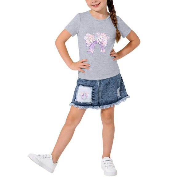BRGZLK Girl's 2 Piece Cute Outfits Summer Trendy Bow Cherry Print Round Neck Short Sleeve Tops and Elastic Waist Skirt Casual Comfortable Set Gray A 6-7 Years