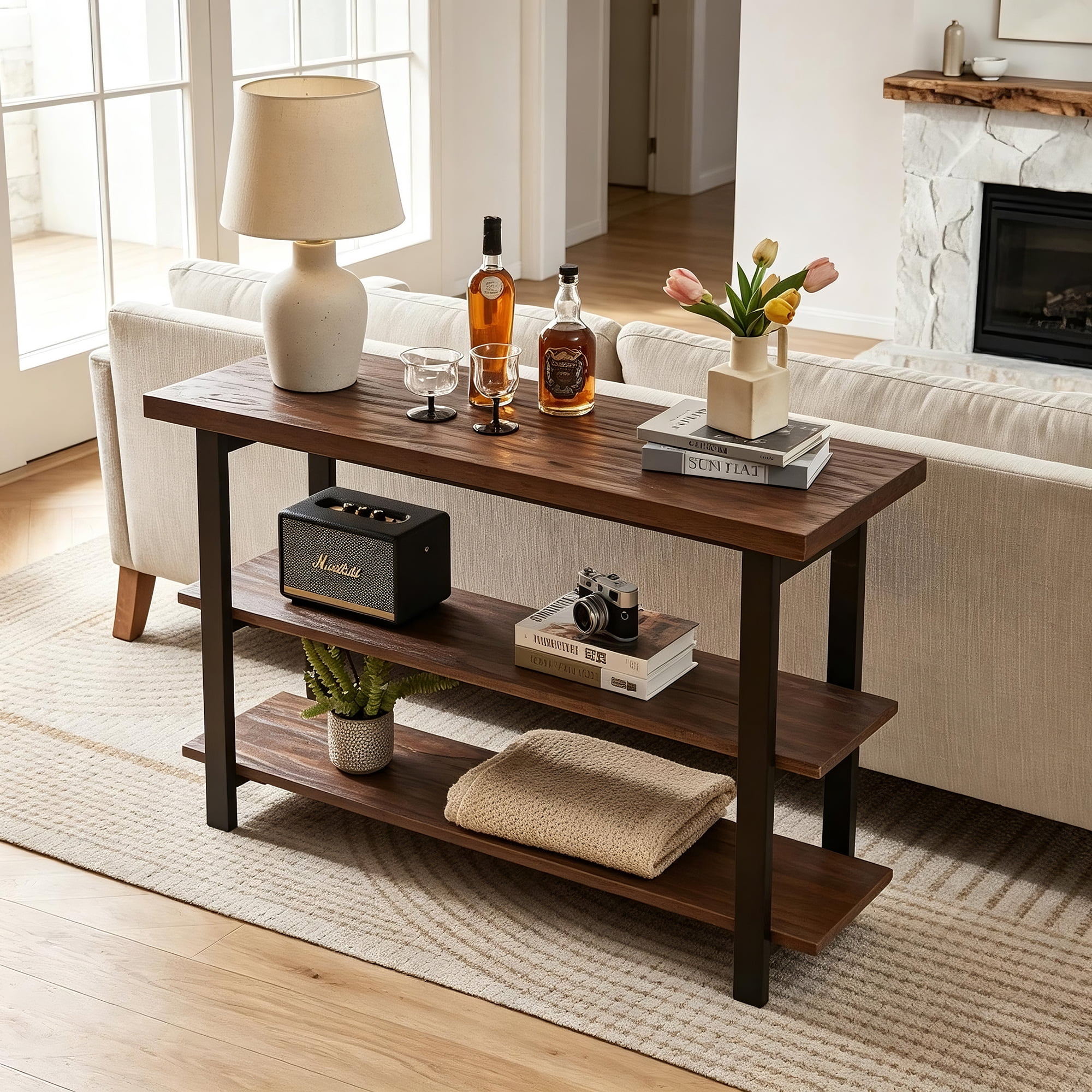 Farmhouse Rustic Console Table, 3-Tier Solid Wood Sofa Table, Walnut