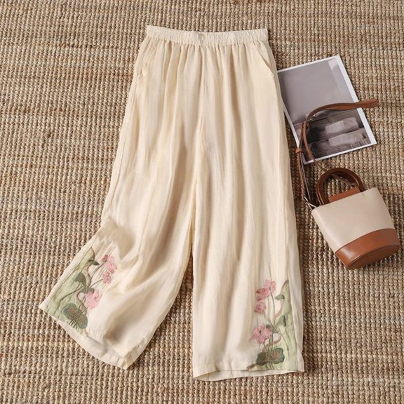 Utoimkio Women's Cropped Pants Linen Elastic Waist Floral Embroidery Capri Trousers with Side Pockets for Summer Beach Daily Walk
