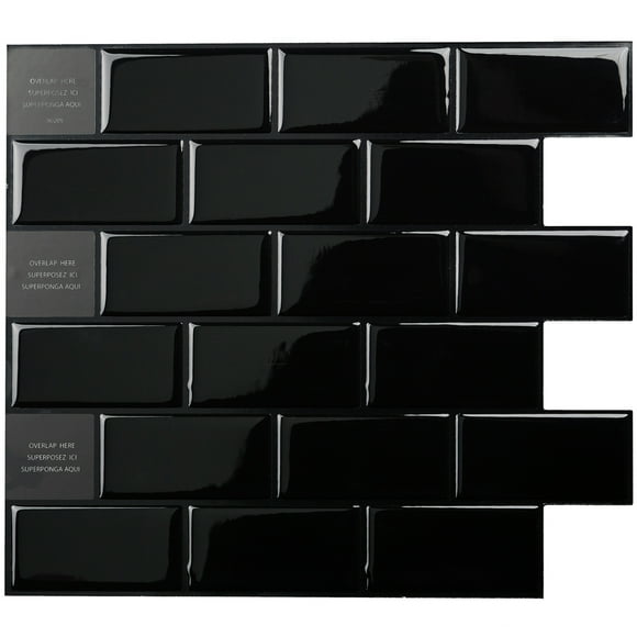 Smart Tiles Peel and Stick Backsplash Wall Tiles, Subway Black, 10pcs, 10.95in x 9.7in