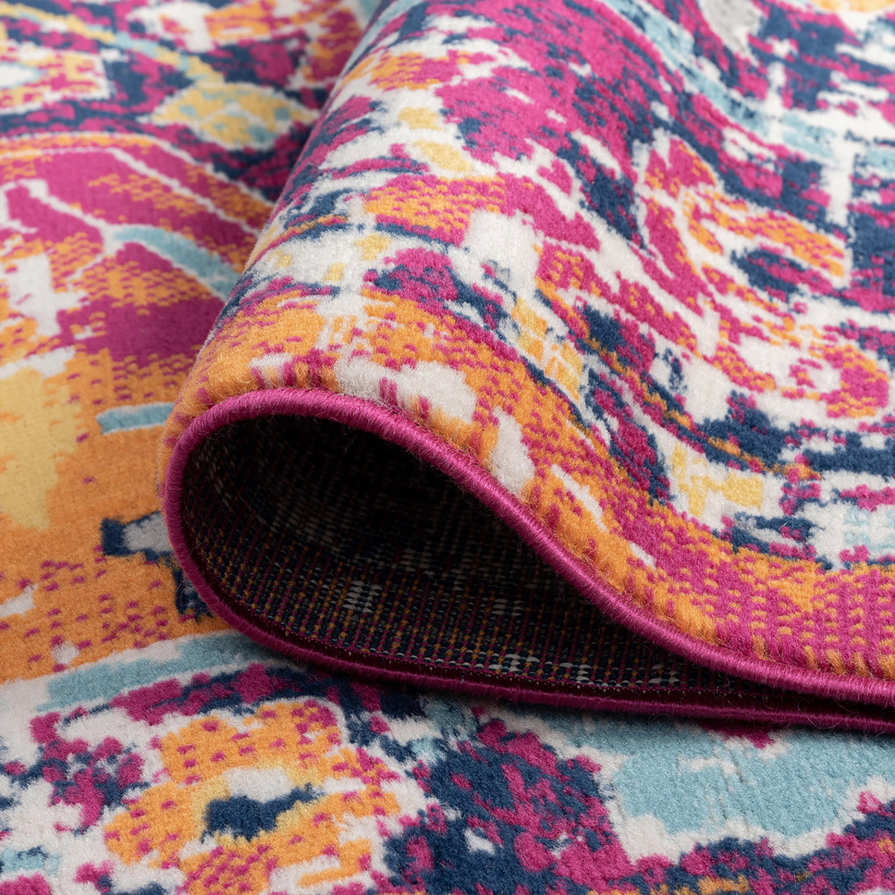 Transitional 2x8 Area Rug (2'2'' x 7'3'') Medallion Pink, Orange Indoor Runner Easy to Clean