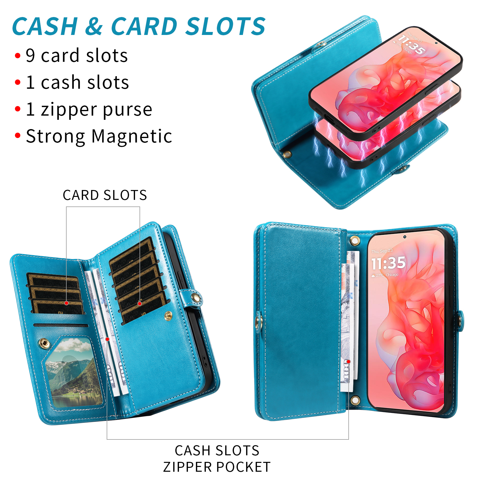 Asuwish Phone Case for Motorola Moto G Stylus 5G 2024 Zipper Wallet Detachable Cell Cover with Tempered Glass Screen Protector Crossbody Lanyard Strap Flower Flip Card Holder Slot G5 Women Girls Blue