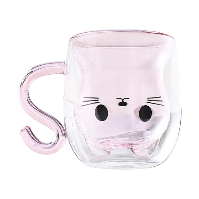 Taza de café de doble pared con diseño de animal, novedosa y bonita, para hombres, mujeres y oficina. Mango de gato rosa