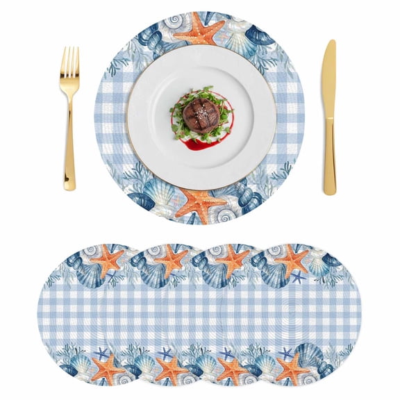 Nautical Coastal Round 15 Inch Placemats Set of 4, Ocean Starfish Shells Coral Conch Blue Plaid HeatResistant Non Slip Place Mats for Dining Table, Wipeable Kitchen Table Mats for Housewarming