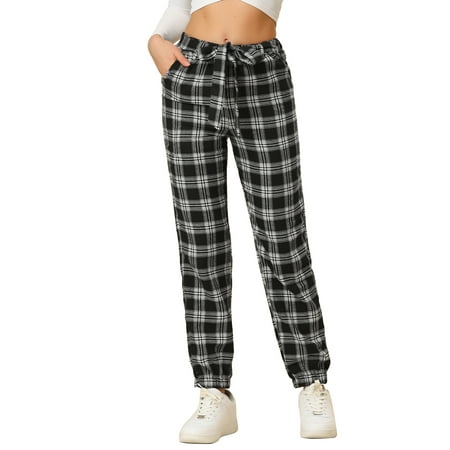Allegra K Women's Plaid Elastic High Waist Bow Tie Belt Sweatpants