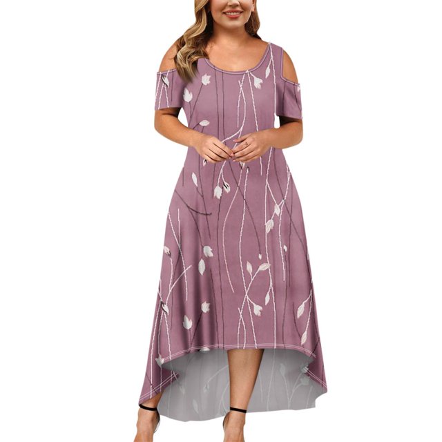 JULMCOMO Robes Grande Taille pour Femmes 5x Robe d'Été à Épaules Dénudées pour Invitée de Mariage Tendance à Imprimé Floral à Manches Courtes Col Ras du Cou Longue Robe Violet 5TG