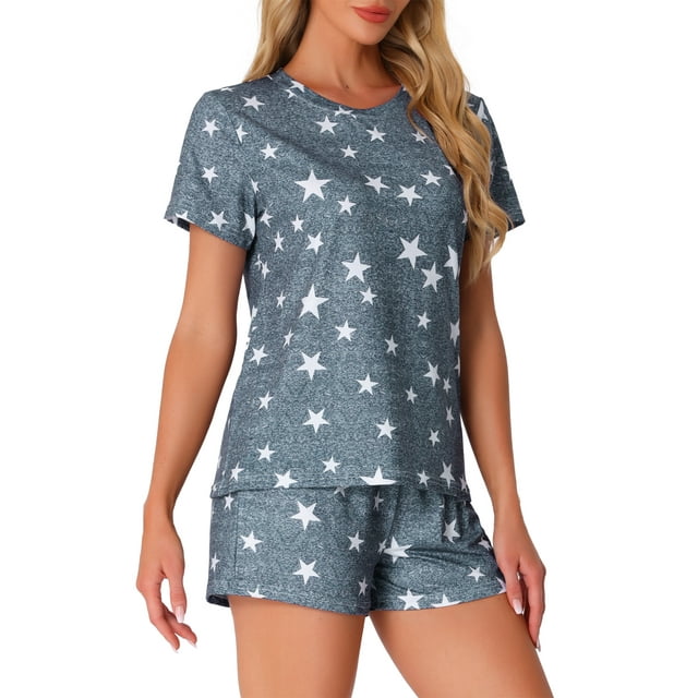Conjuntos de pijama para mujer INSPIRE CHIC de 2 piezas, con camiseta de manga corta y pantalones cortos, ropa de descanso y pijama con bolsillos, S, gris oscuro con estrellas