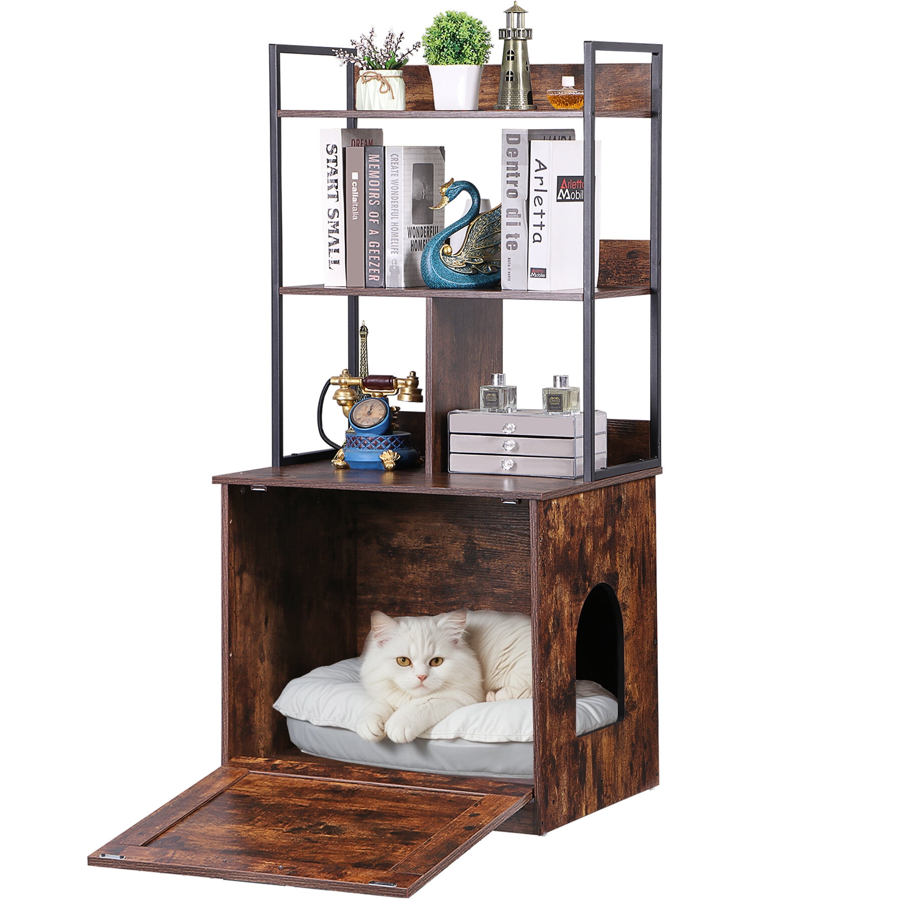 ZENSTYLE Hidden Cat Litter Box Enclosure with Shelves Cat House Cat Furniture Brown