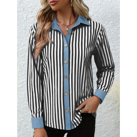 Warop Women's Striped Button-Down Shirt Long Sleeve Collared Contrast Trim Blouse Office Work Top for Daily