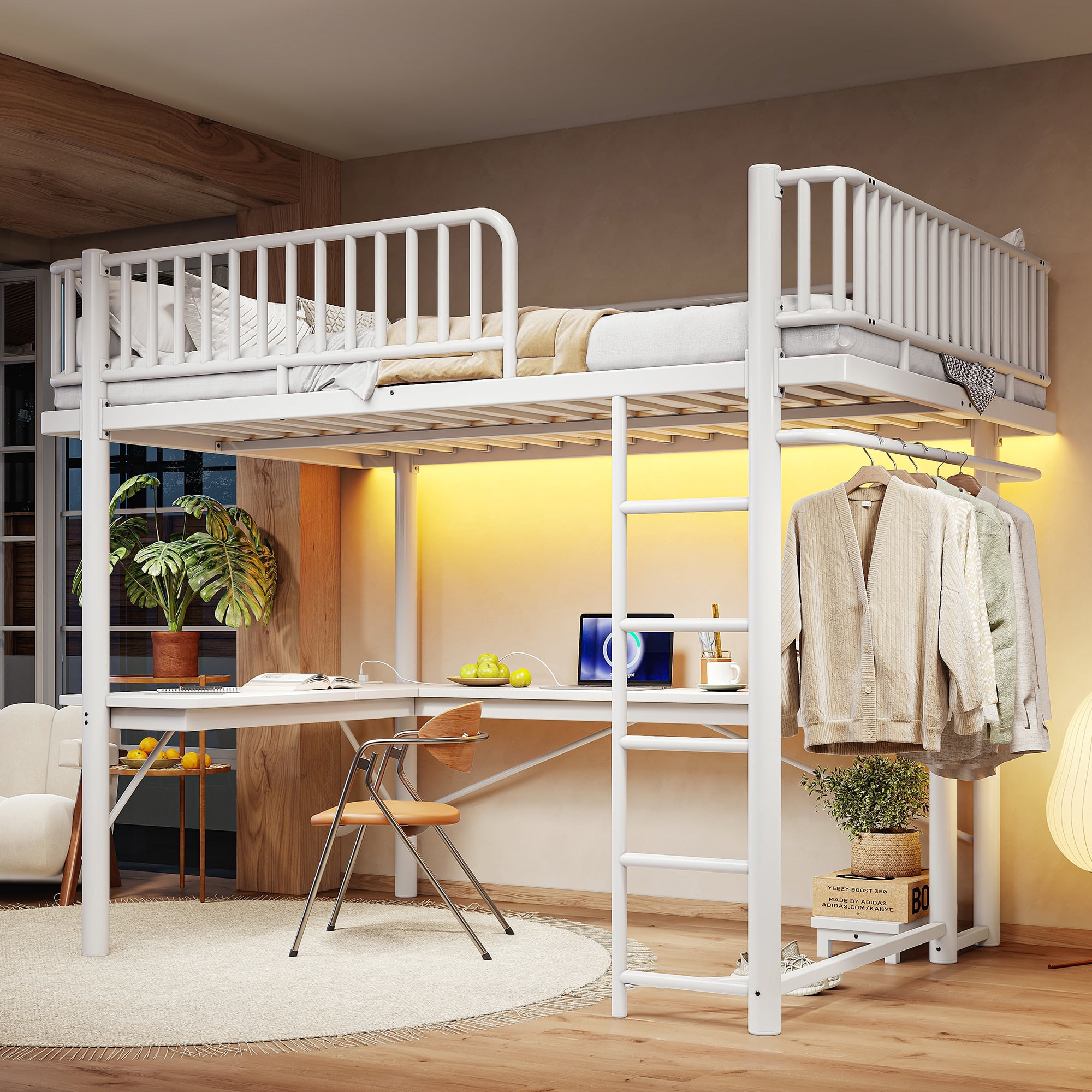 Leumius Queen Loft Bed with L-Shaped Desk,LED Light Strip and Charge Station,Metal Loft Bed Frame with Computer Mainframe Tray and Hanging Area,Light White