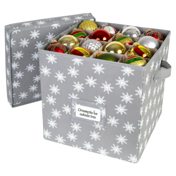 Christmas Ornament Storage Box with Lid - Fits up to 64 3" Ornaments Holiday Cube - Grey/White Snowflakes