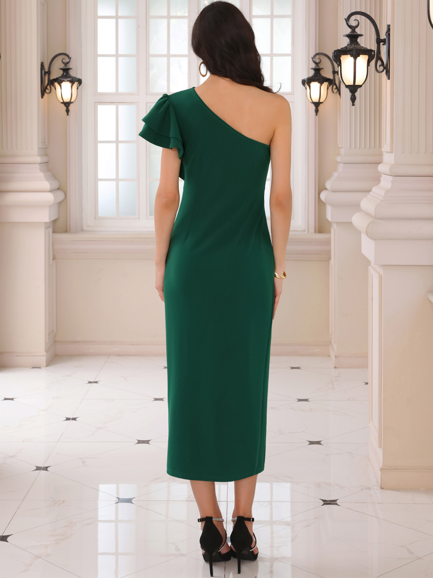 DARING DIVA One Shoulder Ruffle Ruched Split Hem Prom Midi Dress L Dark Green