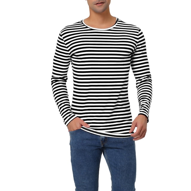 INSPIRE CHIC T-Shirt pour Homme à Rayures Col Rond Manches Longues Chandail Haut 42 Blanc Noir