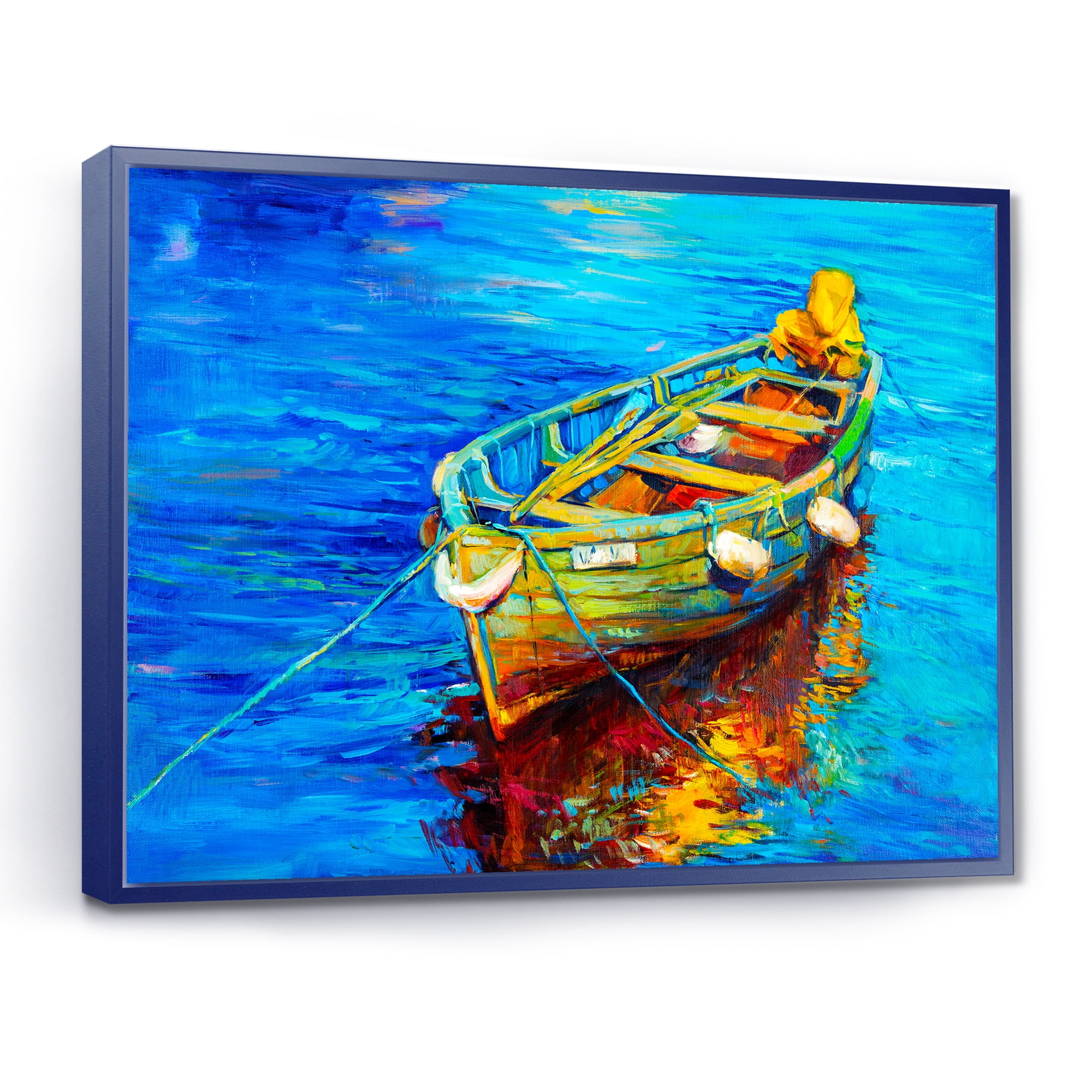 Boats During Warm Sunset Resting On The Water IV 20 in x 12 in Framed Painting Canvas Art Print, by Designart