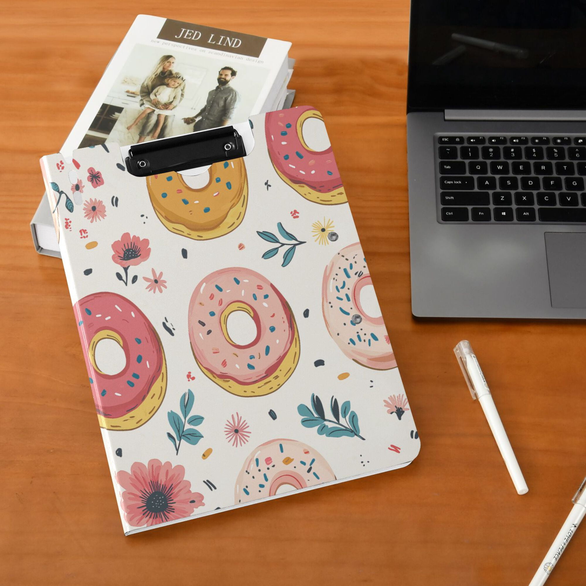 FORMRS A4 Clipboard Folder with Pen Holder Horizontal Foldable School Office Binder, Pink Donut