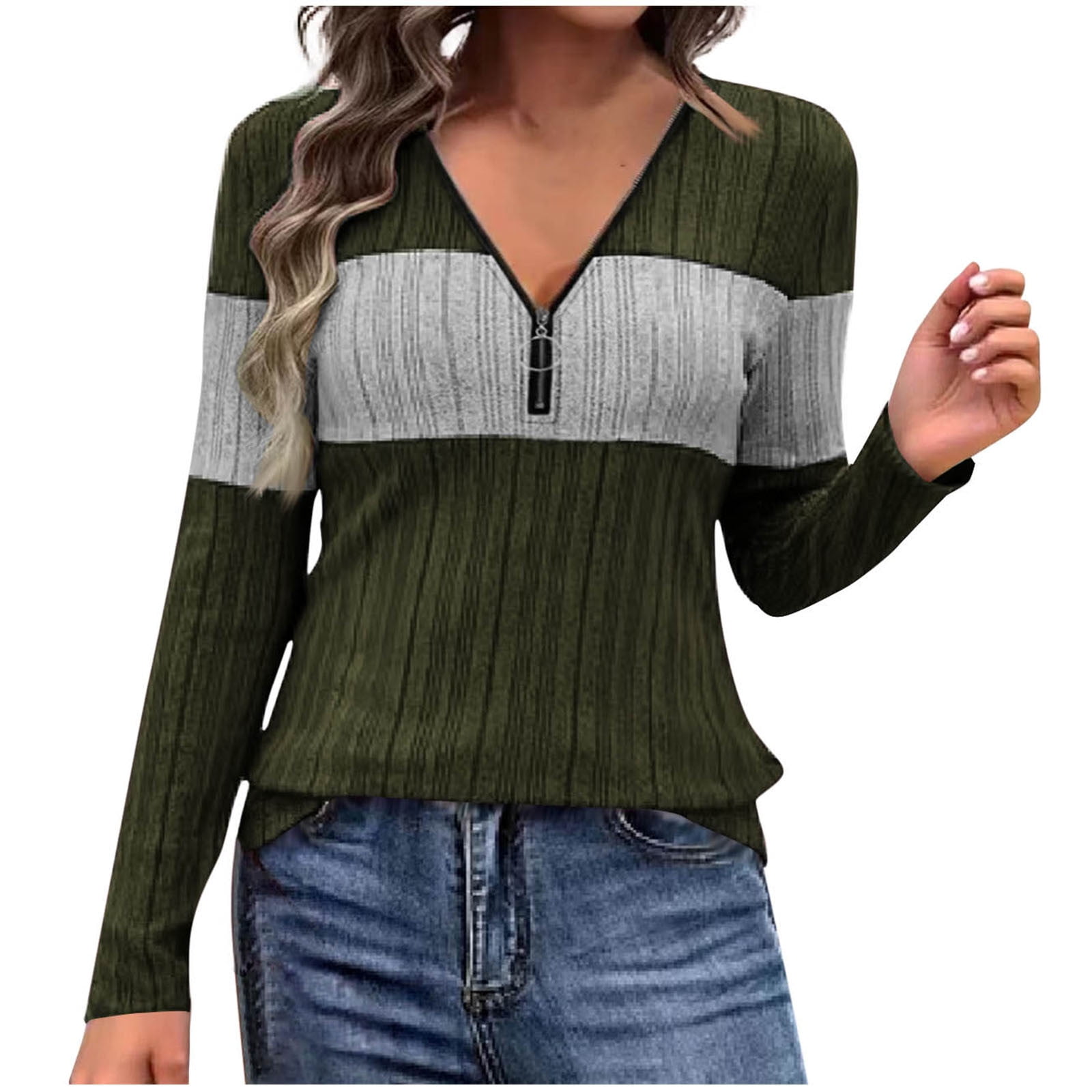 XFLWAM Women's V Neck Zipper Long Sleeve T Shirt Casual Striped Color Block Trendy Tops