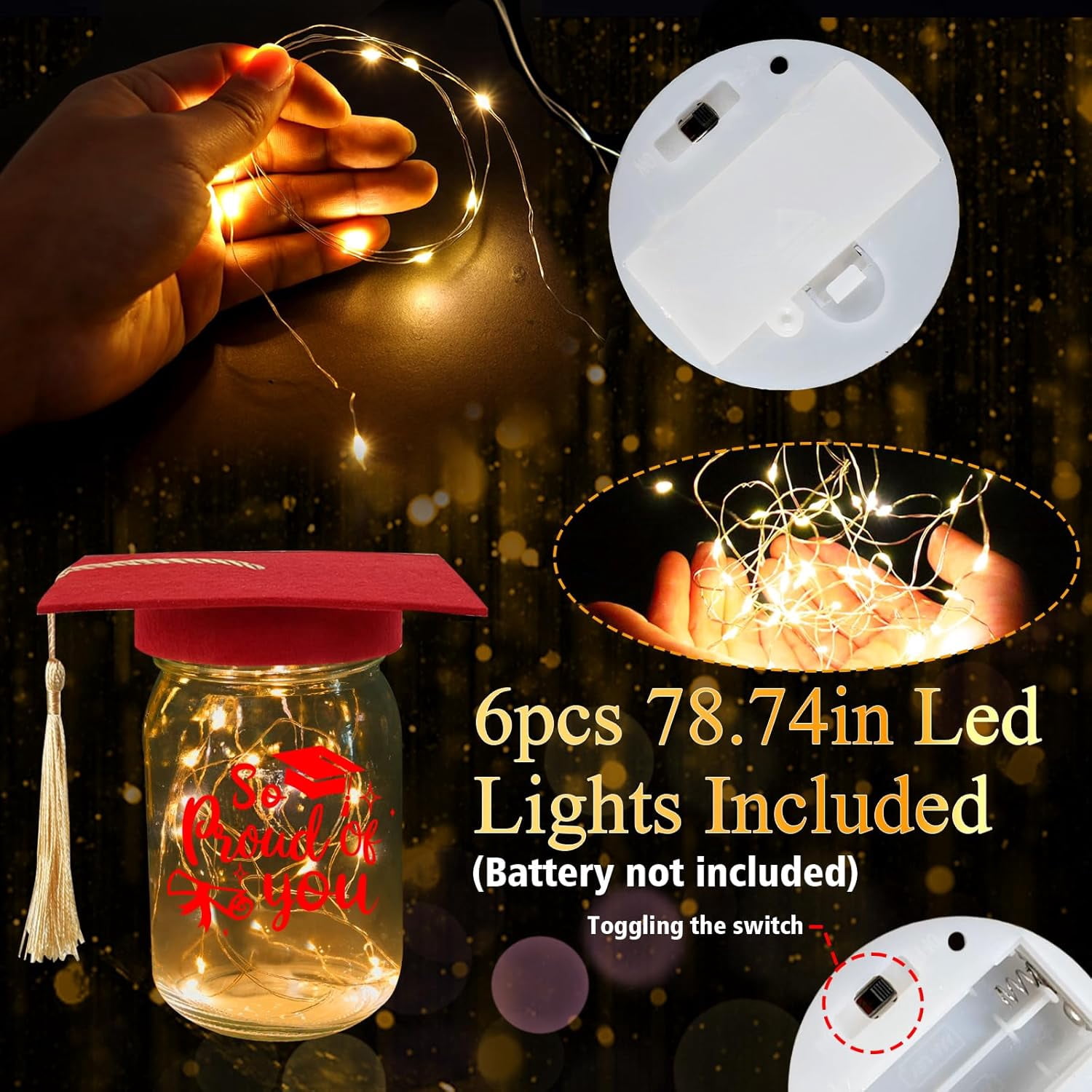 6 Sets 2026 Graduation Centerpieces for Tables, Glowing Mason Jar Centerpieces with Graduation Caps, Glowing Money Jars for College High School Congrats Grad Party Decor Supplies