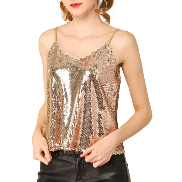 Unique Bargains Women's Sequin Spaghetti Strap Crop Camisole Tank Top