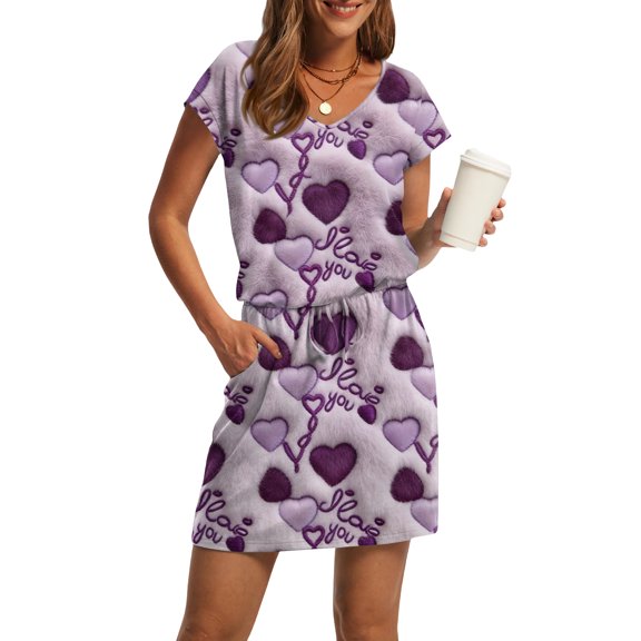 Women s V Neck Short Sleeve Casual Dress Drawstring Waist Pockets Valentine Heart Print Soft Comfortable Loungewear Nightgown for Home Daily Use Multiple Colors