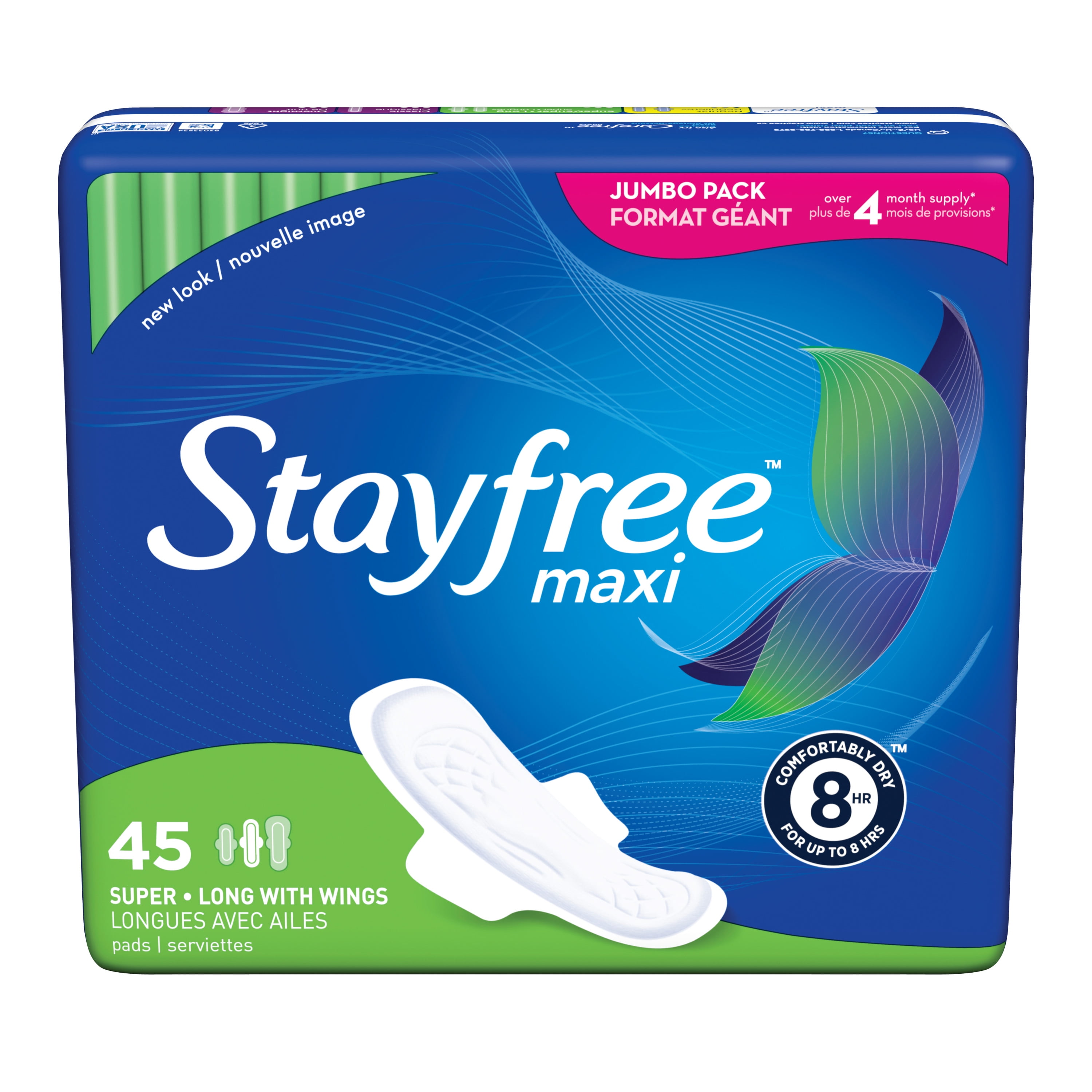 Stayfree Maxi Long Pads with Wings, Unscented, Super, 45 Ct Walmart