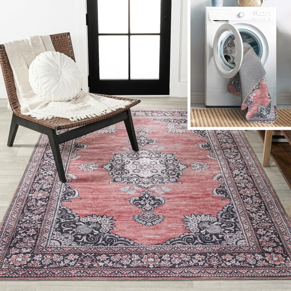 JONATHAN Y WASHABLE 5 x 8 Area Rug, Bausch Bohemian Distressed Chenille - Dark Pink/Black/White, WSH201B-5