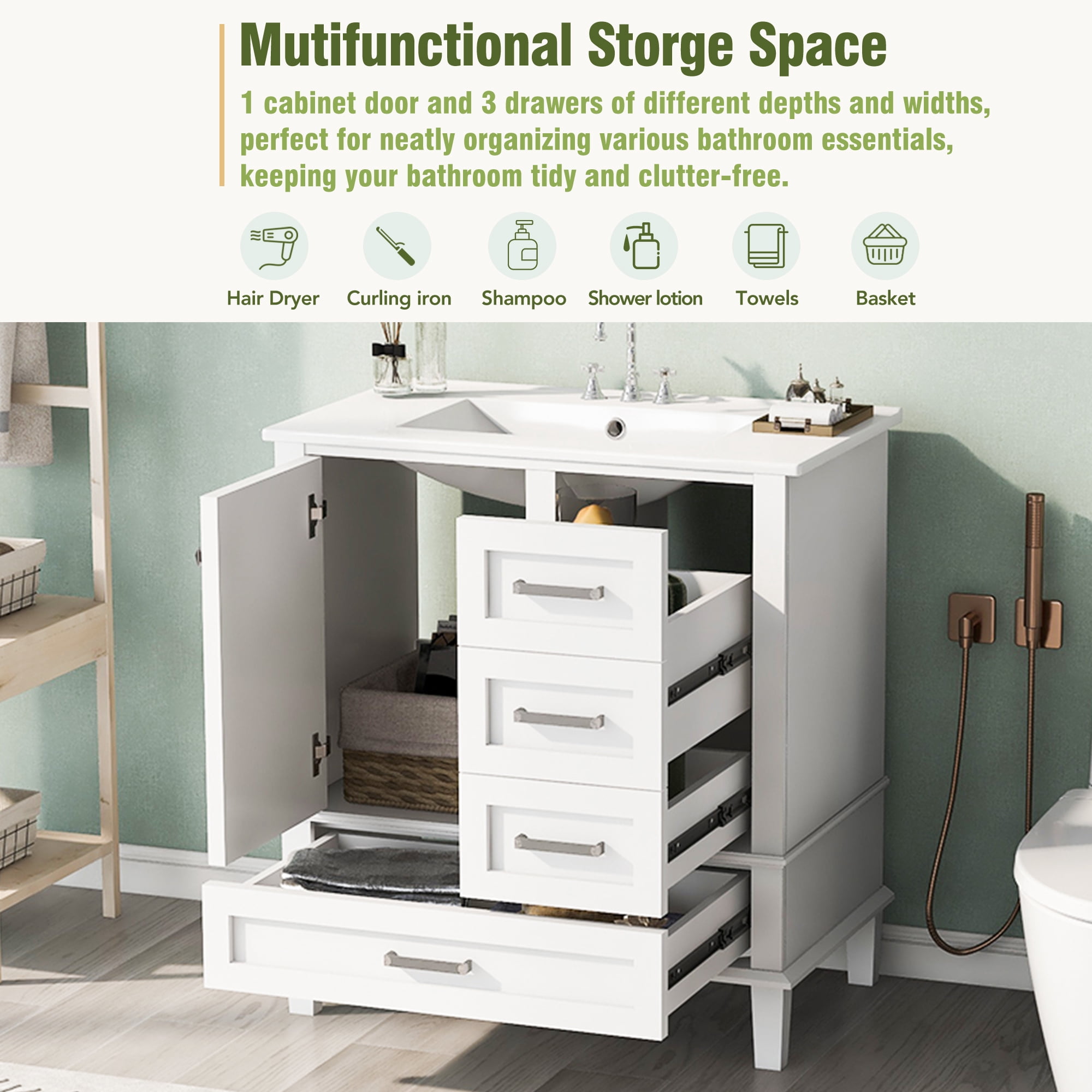 Harper & Bright Designs 30" Bathroom Vanity, Bathroom Cabinet with Sink Combo Set, Bathroom Storage Cabinet with Soft Closing Door and 3 Drawers, White