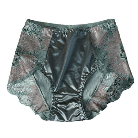 Mairbeon Women Panties Lace Flower Embroidery Mid Waist Elastic Soft Breathable Anti-septic Glossy Ice Silk Lady Underpants Briefs Underwear