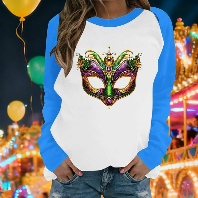 Xuyuer Mardi Gras Shirts for Women Shirt Funny Mask Graphic Tee Carnival Long Sleeve Shirt V Neck Top