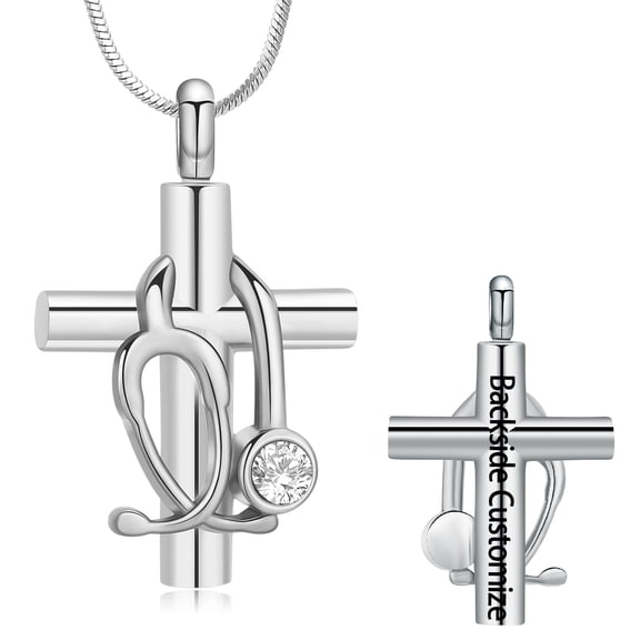 Personalize Stainless Steel Cross Stethoscope Urn Pendant Memory Necklace for Cremation Ashes Memorial Jewelry