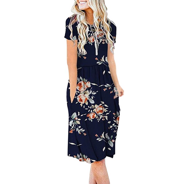 Vestido De Mujer Vestidos casuales de verano Vestido elegante europeo Suave con bolsillos (Azul marino M) Ygjytge para Mujer Azul marino T 3EG