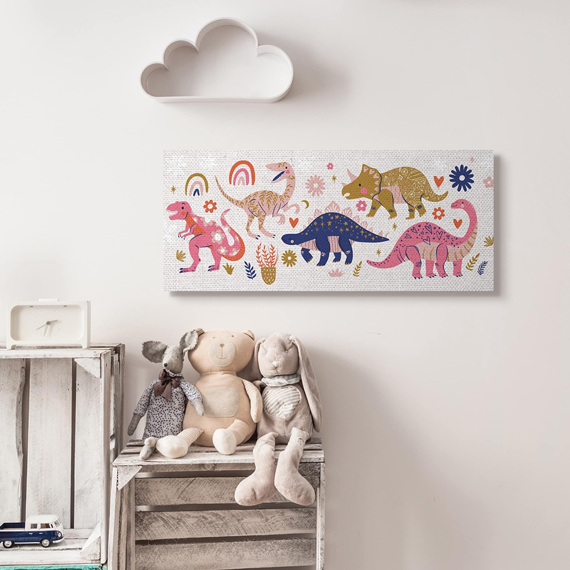 Stupell Industries Happy Whimsical Dinosaurs with Rainbow Florals,17 x 40,Designed by Arrolynn Weiderhold