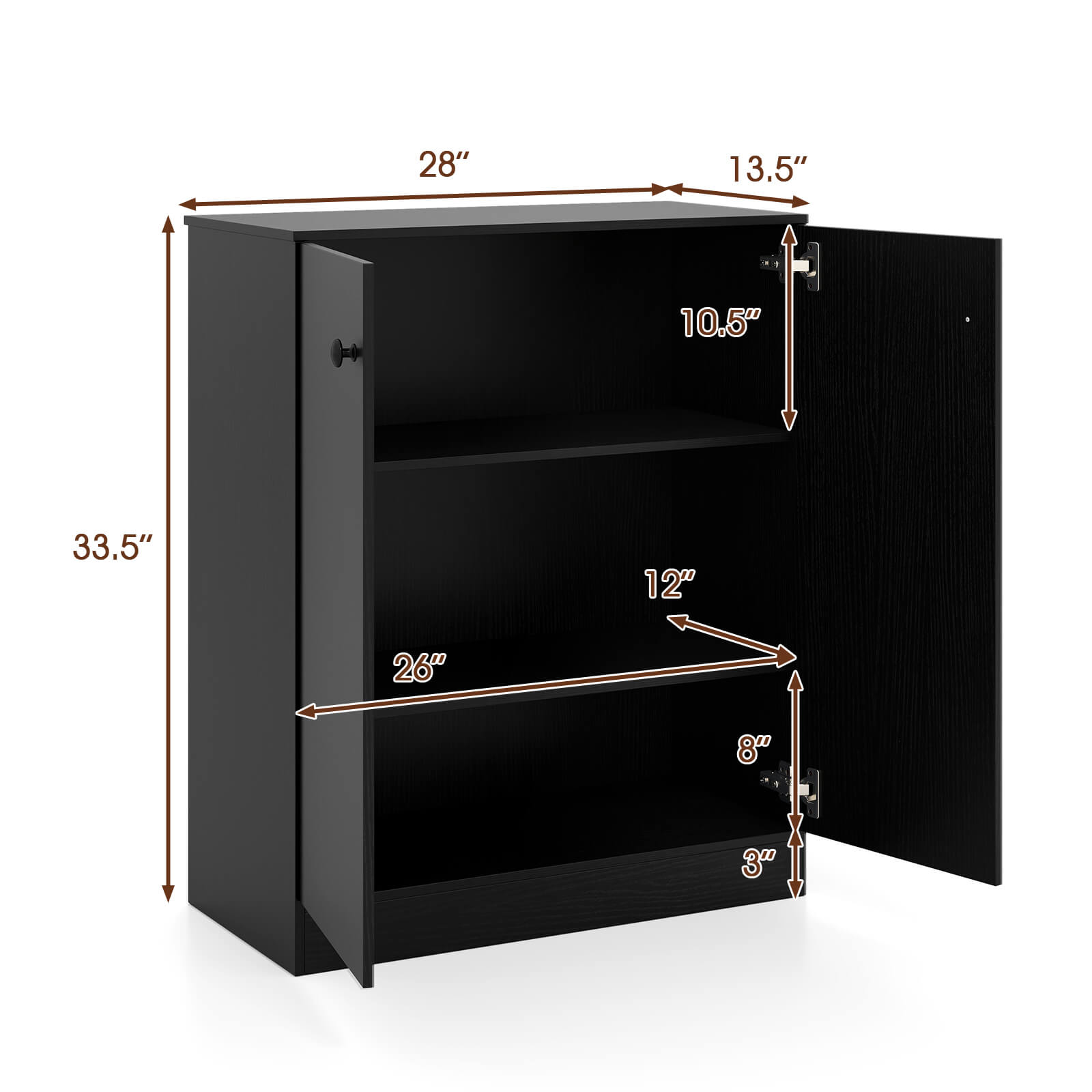 Costway 2-Door Storage Cabinet Freestanding Storage Organizer with 3-Tier Shelf Entryway Black