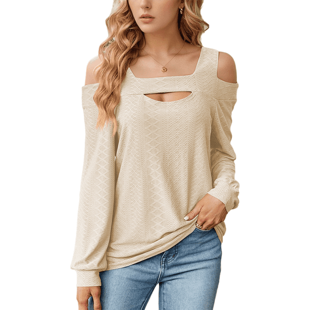 Blusa de Verano con Escote Cuadrado y Hombros Descubiertos para Mujer, Color Albaricoque L