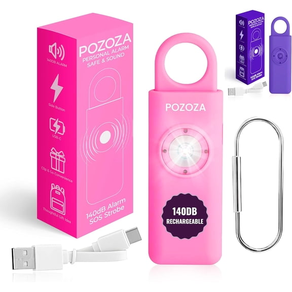 140dB Loudest USB-C Rechargeable Personal Alarm Keychain for Women – Low Battery Indicator, Strobe Light & Panic Button Self Defense Weapons, Seniors Travel Safety Essentials (Pink)