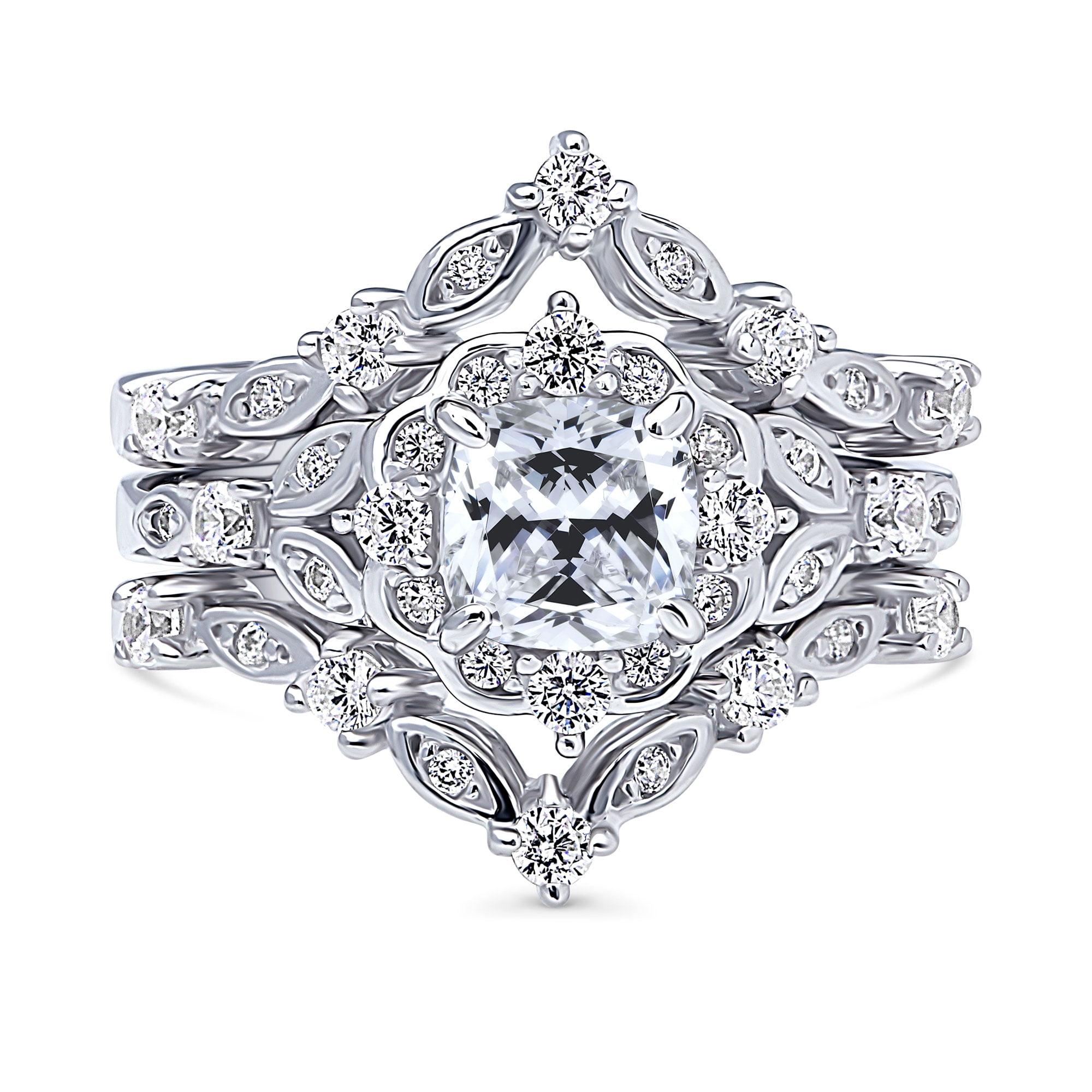 BERRICLE Sterling Silver Halo Wedding Engagement Rings Cushion Cut Cubic Zirconia CZ Wishbone Ring Set for Women, Rhodium Plated Size 10