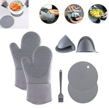 Hinzonek Oven Mitts and Pot Holders Sets, 7 Pcs Non-Slip Heat Resistant Silicone Extra Long Oven Mitts with Mini Oven Gloves Hot Pads Potholders and Spatula for Baking Cooking, Gray