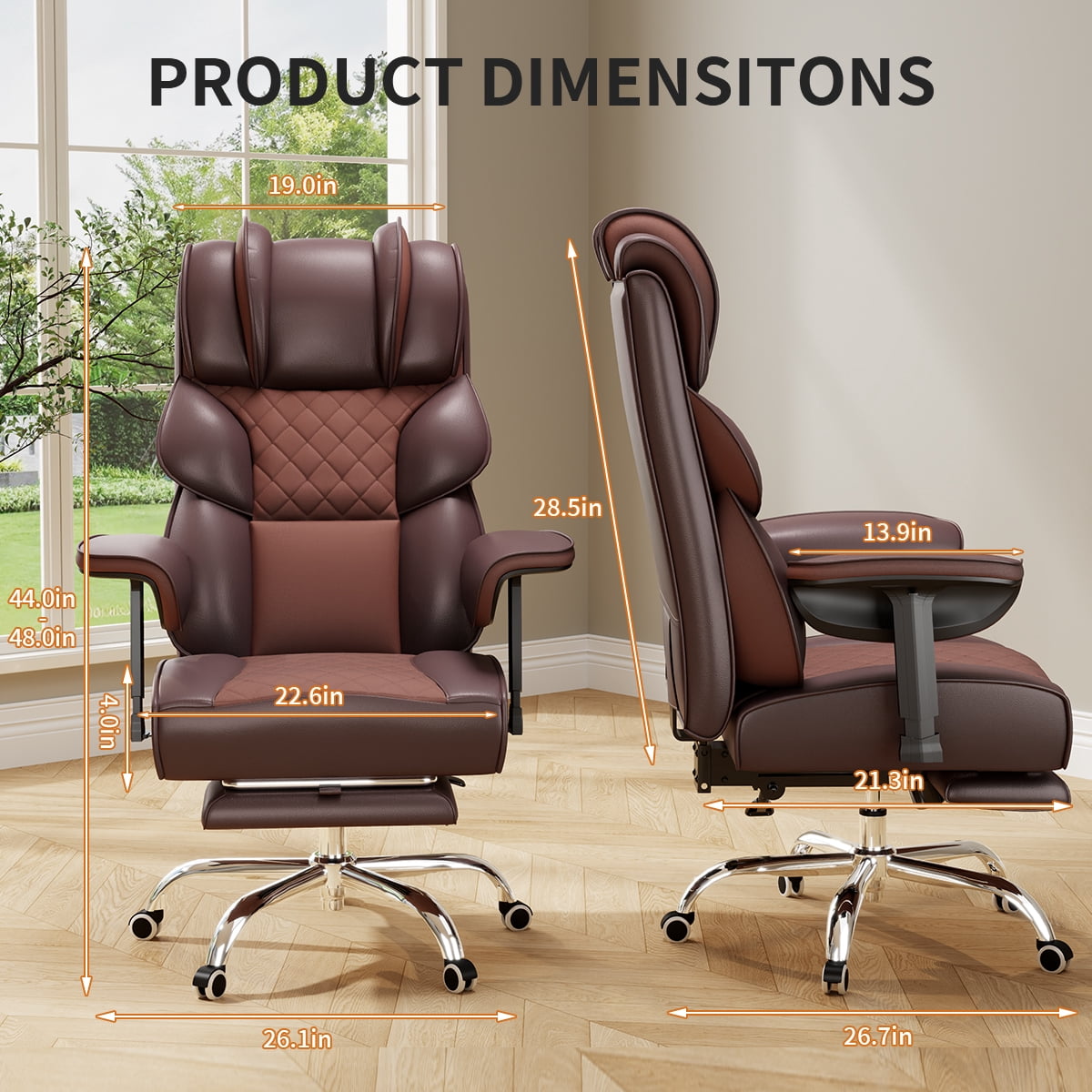 KOCEN Big and Tall Office Chair, Desk Chair with Soft Adjustable Armrests, Ergonomic High Back Gaming Chair with Lumbar Support, Executive Computer Chairs with Footrest(PU Leather, Brown)