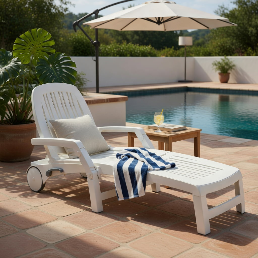 Hommoo Adjustable Outdoor Sun Lounger with All-Terrain Wheels, Weather-Resistant PP Recliner for Patio, Poolside & Backyard, White