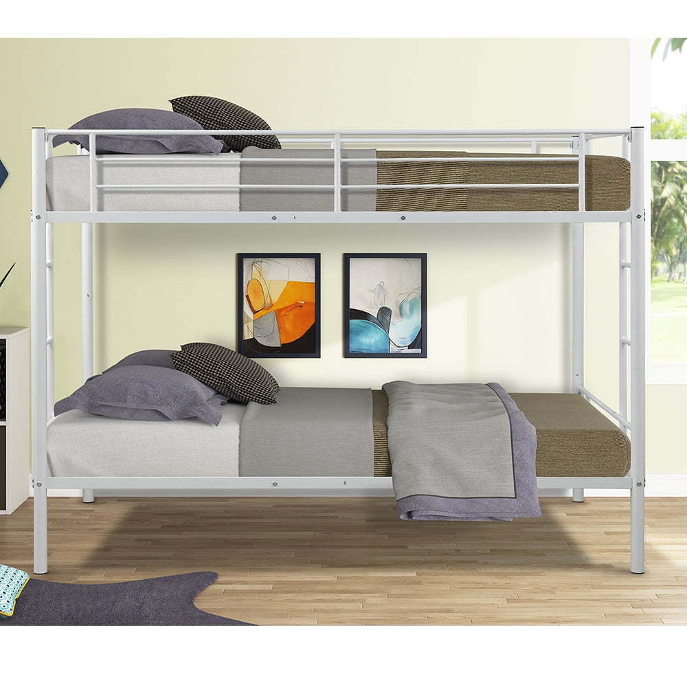 Kepooman White Twin over Full Metal Modern Bunk Bed with Two-side Ladders Kepooman White Twin over Full Metal Modern Bunk Bed with Two-side Ladders