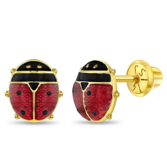 14k Yellow Gold Red Enamel Ladybug Screw Back Earrings for Infants to Toddlers