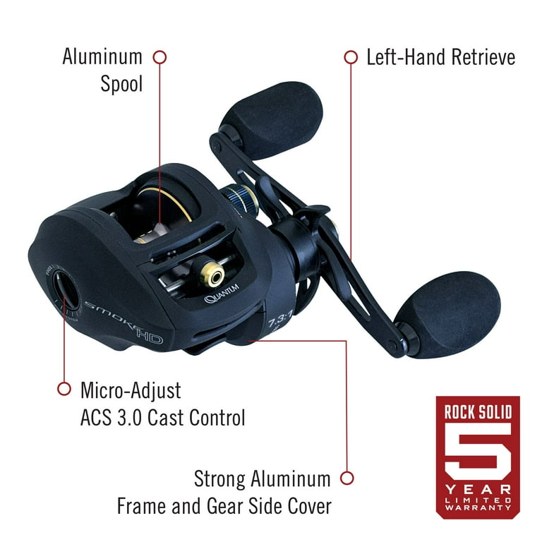 Quantum Smoke HD Baitcast Fishing Reel, Size 200 Reel, 7.3:1 Gear Ratio,  Left-Hand Retrieve, Black - Walmart.com