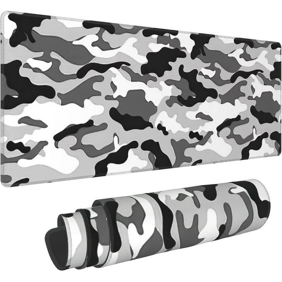 Camouflage Camo Gaming Mouse Pad XL Black White Gray Extended Big Large Desk Mat Non-Slip Rubber Base Stitched Edge Long Keyboard Mousepad for PC Computer Laptop,31.5×11.8 in