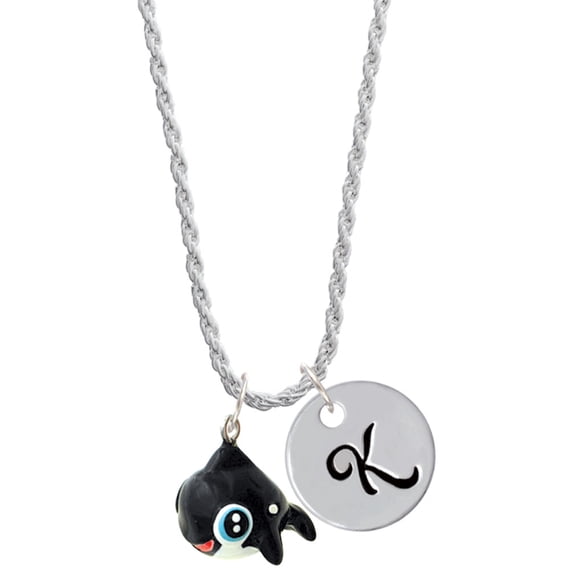 Delight Jewelry Resin Killer Whale Silvertone Script Initial Disc - K - Charm Necklace, 20"+3"